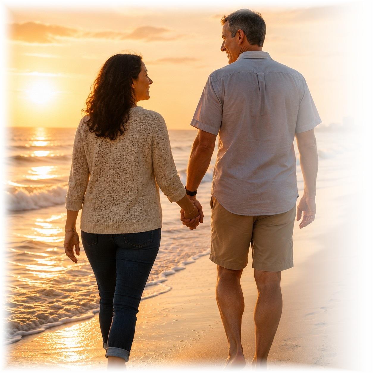 Couple walking hand in hand on the beach at sunset