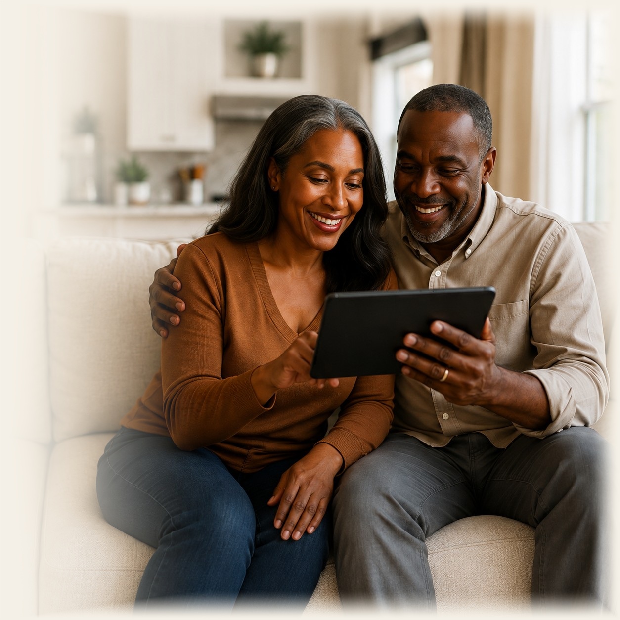 Couple reviewing their retirement plan together on a tablet at home